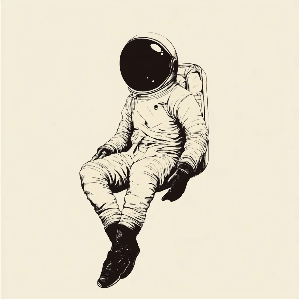 A meticulously detailed black and white illustration depicts an astronaut seated, appearing weightless.  The astronaut's spacesuit is rendered with fine lines suggesting texture, and the helmet's dark visor reflects light. The overall style is minimalist and evocative, creating a sense of solitude and contemplation within the vastness of space.