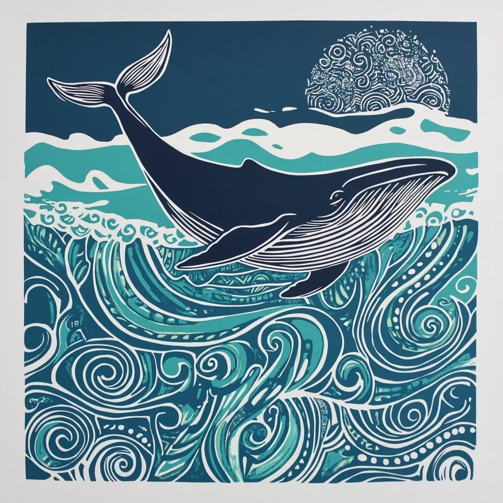 A linocut print depicts a humpback whale swimming in turquoise and teal patterned waves under a stylized moon.  The whale is rendered in dark teal, its detailed form contrasting with the swirling, abstract ocean design.  The color palette is cool and calming, creating a serene underwater scene. The artistic style is reminiscent of folk art, with bold lines and decorative elements.