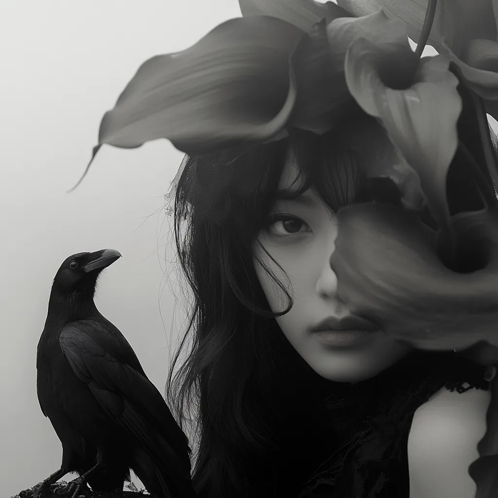 A monochromatic portrait features a young woman with long, dark hair partially obscured by large, dark leaves.  Her gaze is intense, and her expression is serious.  A black crow perches on her shoulder, adding to the mysterious and slightly gothic atmosphere of the image. The overall aesthetic is dark, dramatic, and evocative.