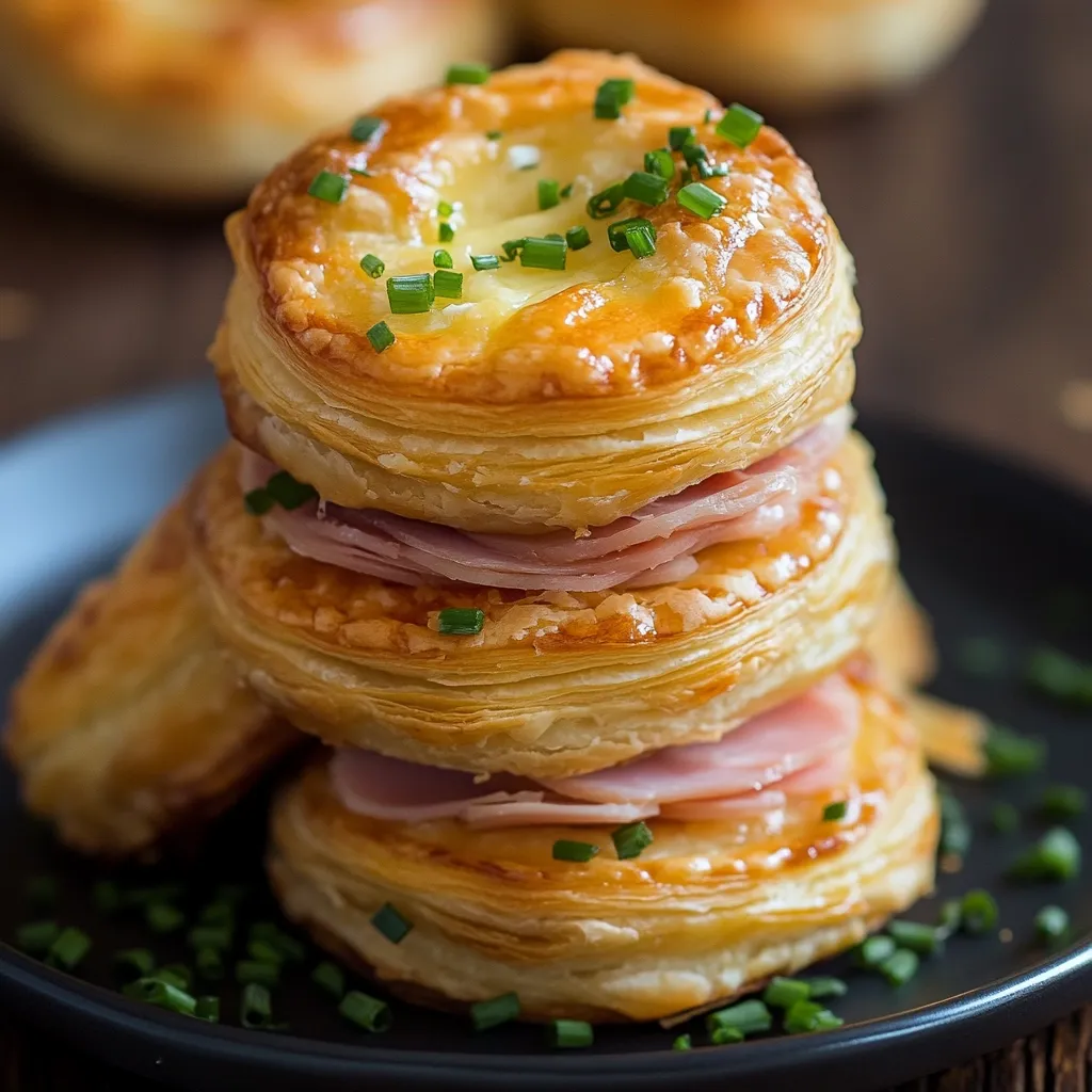 A stack of three golden-brown puff pastry rounds, layered with ham and cheese, is the centerpiece of this close-up shot.  Garnished with fresh chives, these savory pastries are presented on a dark plate.  Blurred in the background are additional pastries, suggesting a delicious and abundant treat.  The image emphasizes the flaky texture and rich color of the puff pastry.