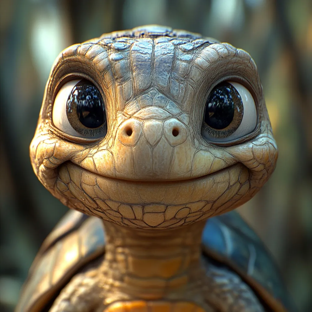 A close-up reveals a charming, cartoonish turtle. Its large, expressive eyes and warm smile convey a friendly and approachable personality.  The detailed texture of its shell and skin is strikingly realistic, while the overall style is playfully whimsical.  The background is blurred, focusing attention on the turtle's endearing features.