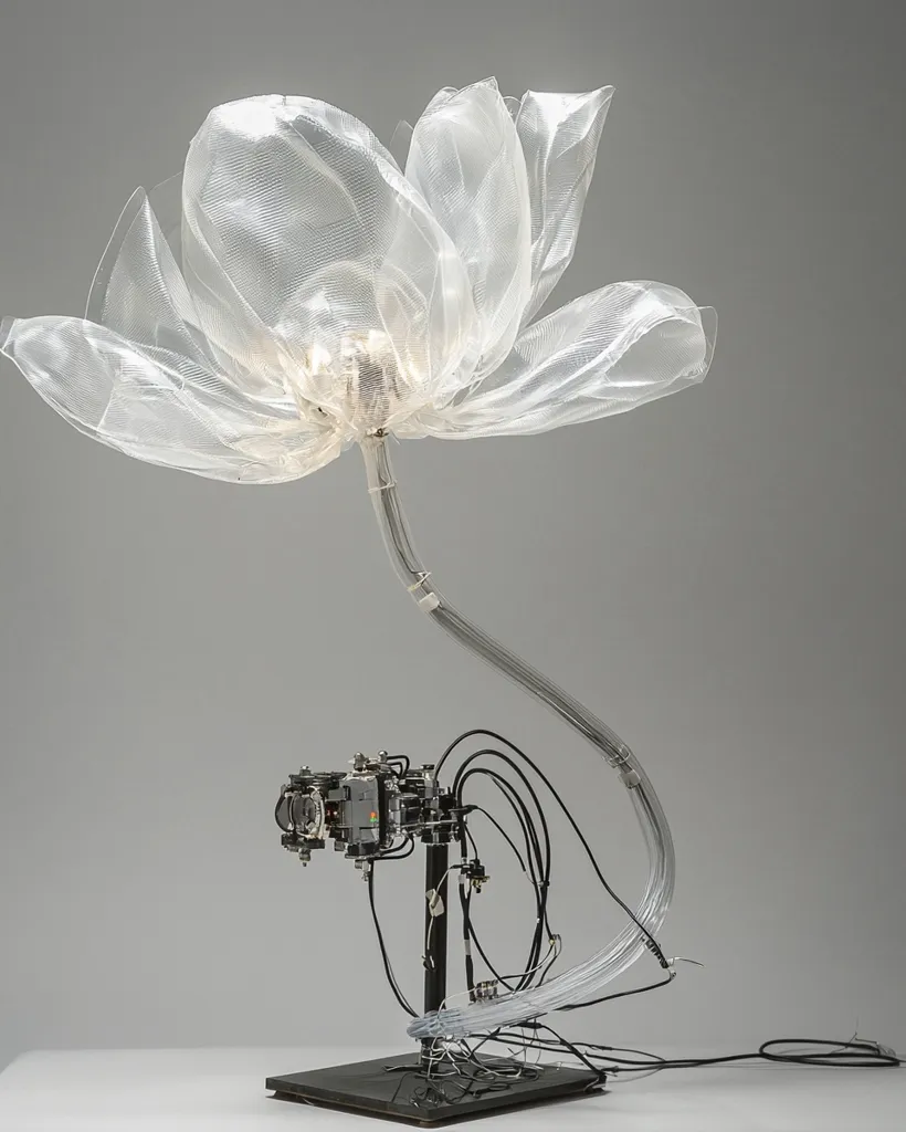 A captivating robotic sculpture resembling a flower is presented.  A delicate, translucent organza bloom sits atop a slender, curving stem, which connects to a complex base of mechanical components and wiring.  The contrast between the organic flower and the industrial mechanics creates a striking visual, hinting at a fusion of nature and technology.  The piece is meticulously detailed, highlighting the interplay between form and function.