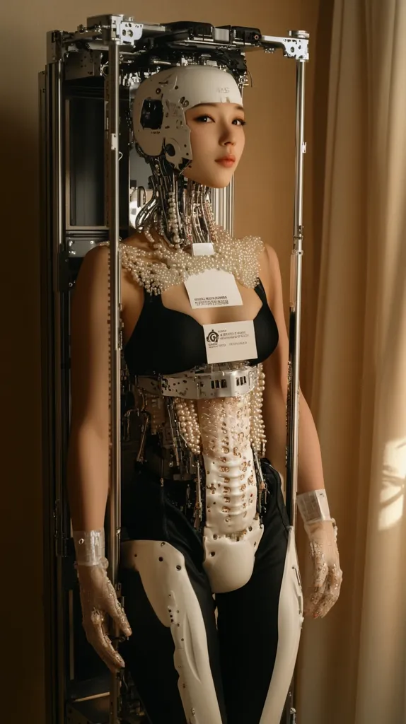 A female gynoid robot stands within a metallic frame.  Her head is a white, mechanical helmet, and her body is a blend of white robotic components and black clothing.  She wears a pearl necklace and gloves.  The image suggests a futuristic or sci-fi aesthetic, possibly exploring themes of artificial intelligence and human-like robots.  The robot's expression is serene.