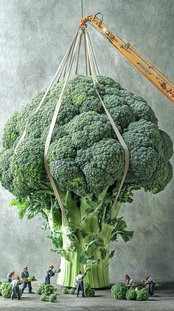 A gigantic broccoli head, seemingly a tree-sized vegetable, is being lifted by a crane.  Miniature figures of workers, wearing hard hats, are harvesting smaller broccoli florets at its base. The scene is a whimsical juxtaposition of scale, contrasting the immense vegetable with the tiny human figures engaged in its harvest. The backdrop is a textured grey wall.