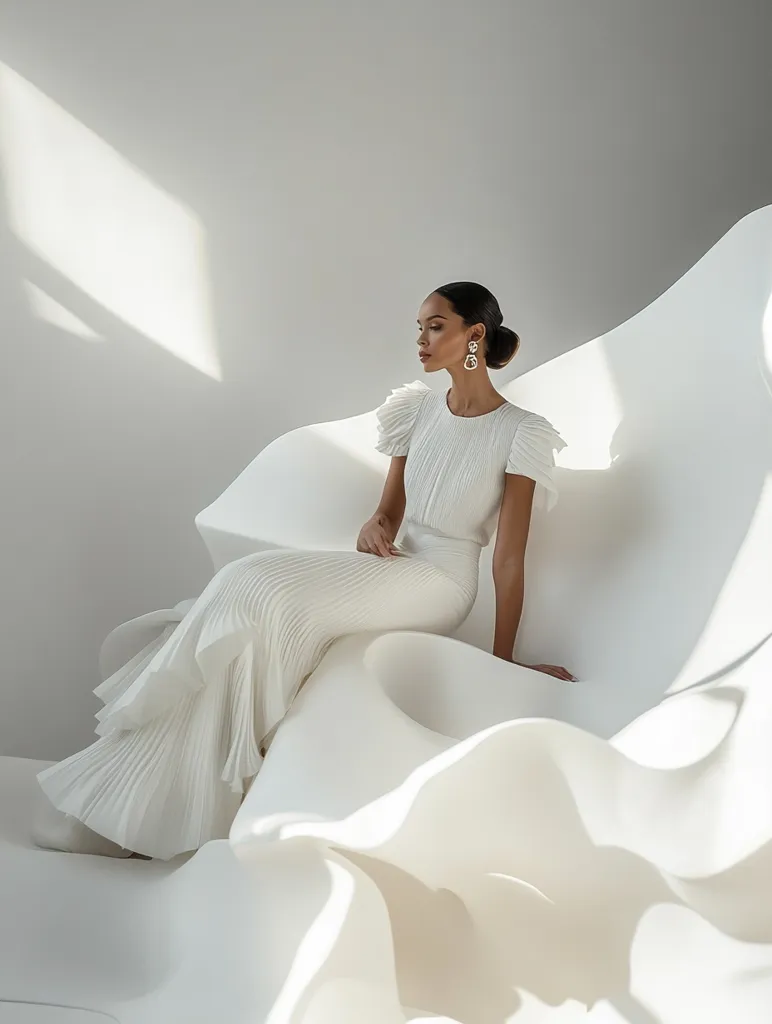 A woman in a white pleated gown sits on a sculptural white form.  The dress features short, puffed sleeves and a flowing skirt. Sunlight casts shadows across the minimalist setting, highlighting the dress's texture and the woman's elegant pose. She wears delicate earrings, completing the refined and sophisticated aesthetic. The overall image is clean, modern, and serene.