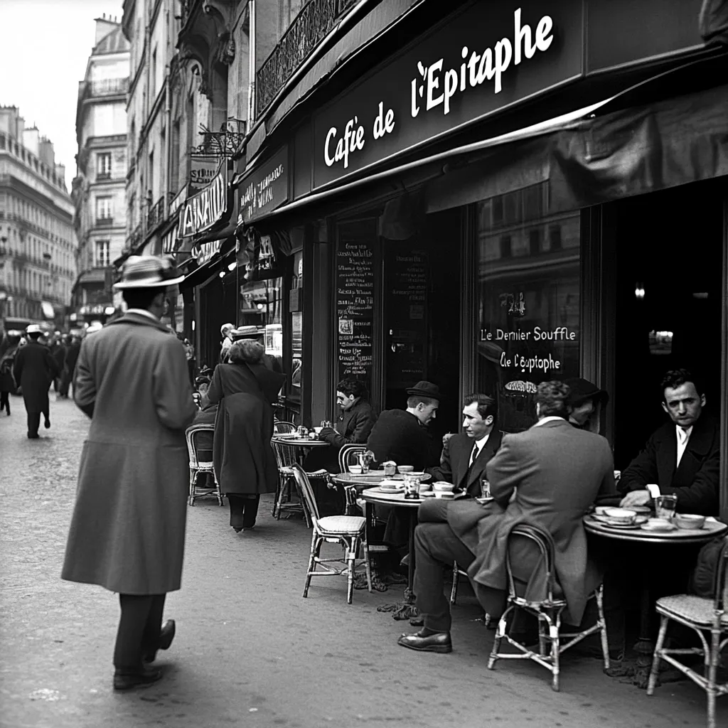 A black and white photograph shows the exterior of Café de l'Epitaphe in Paris.  Patrons are seated at outdoor tables, enjoying drinks and conversation. A man in a long coat walks past, heading away from the cafe. The street is relatively quiet, with a few pedestrians visible in the background. The cafe's name is prominently displayed above the entrance, suggesting a relaxed and possibly intellectual atmosphere. The overall mood is calm and reflective of Parisian street life in the mid-20th century.