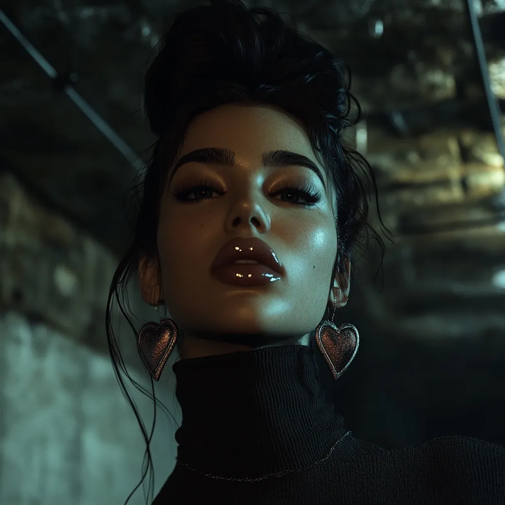 A woman with dark hair styled in a bun looks directly at the camera. She wears a black turtleneck sweater and heart-shaped earrings. Her makeup is dramatic, with a glossy lip and defined eyes. The background is dark and moody, creating a contrast with her glowing skin.  The overall aesthetic is glamorous and mysterious.