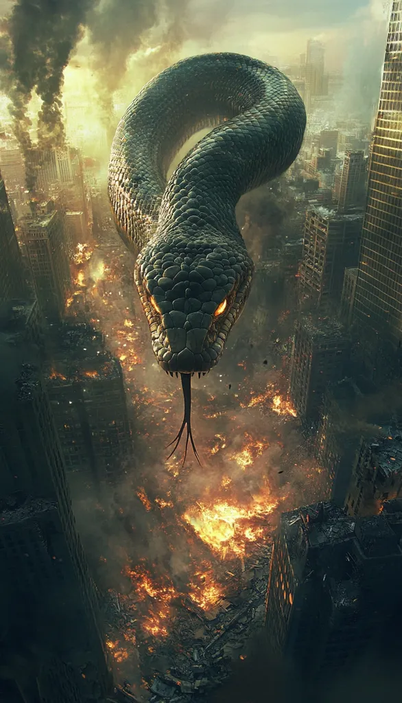 A colossal, dark green serpent looms over a city engulfed in flames and destruction.  Buildings crumble, smoke billows, and fires rage below the monstrous creature's gaze. Its scales gleam ominously, and its forked tongue extends menacingly. The scene depicts a catastrophic event, possibly a mythical or apocalyptic scenario. The artwork's dark tones and fiery inferno create a sense of overwhelming power and devastation.