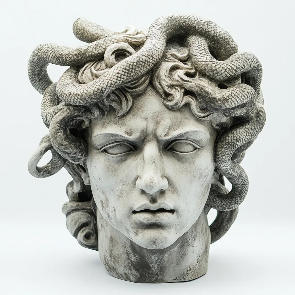 A detailed close-up shot reveals a meticulously crafted statue of Medusa's head.  The stone sculpture depicts a stern-faced man with snakes intricately entwined within his hair.  The texture of the stone is visible, enhancing the realism of the artwork.  The image is sharply focused, highlighting the fine details of the sculpture against a clean white background.