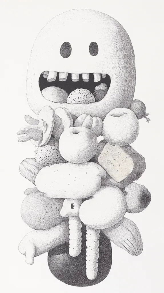 A whimsical black and white pen and ink drawing depicts a large, round-headed character with a wide grin, overflowing with a diverse assortment of fruits, vegetables, and baked goods.  The character's expression is cheerful, and the meticulously detailed food items are piled high, creating a humorous and slightly surreal image.  The style is reminiscent of detailed illustration.