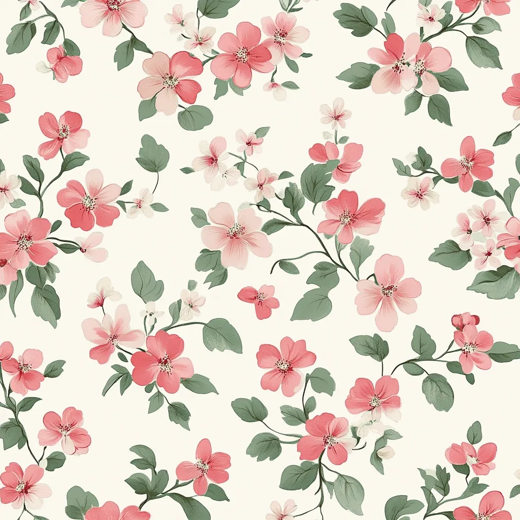 A seamless floral pattern features delicate pink and blush blossoms on a creamy white background.  The flowers, rendered in a watercolor style, are arranged in a whimsical, scattered pattern amongst green leaves and smaller, lighter pink buds.  The overall effect is charming and feminine, suitable for various textile or design applications.