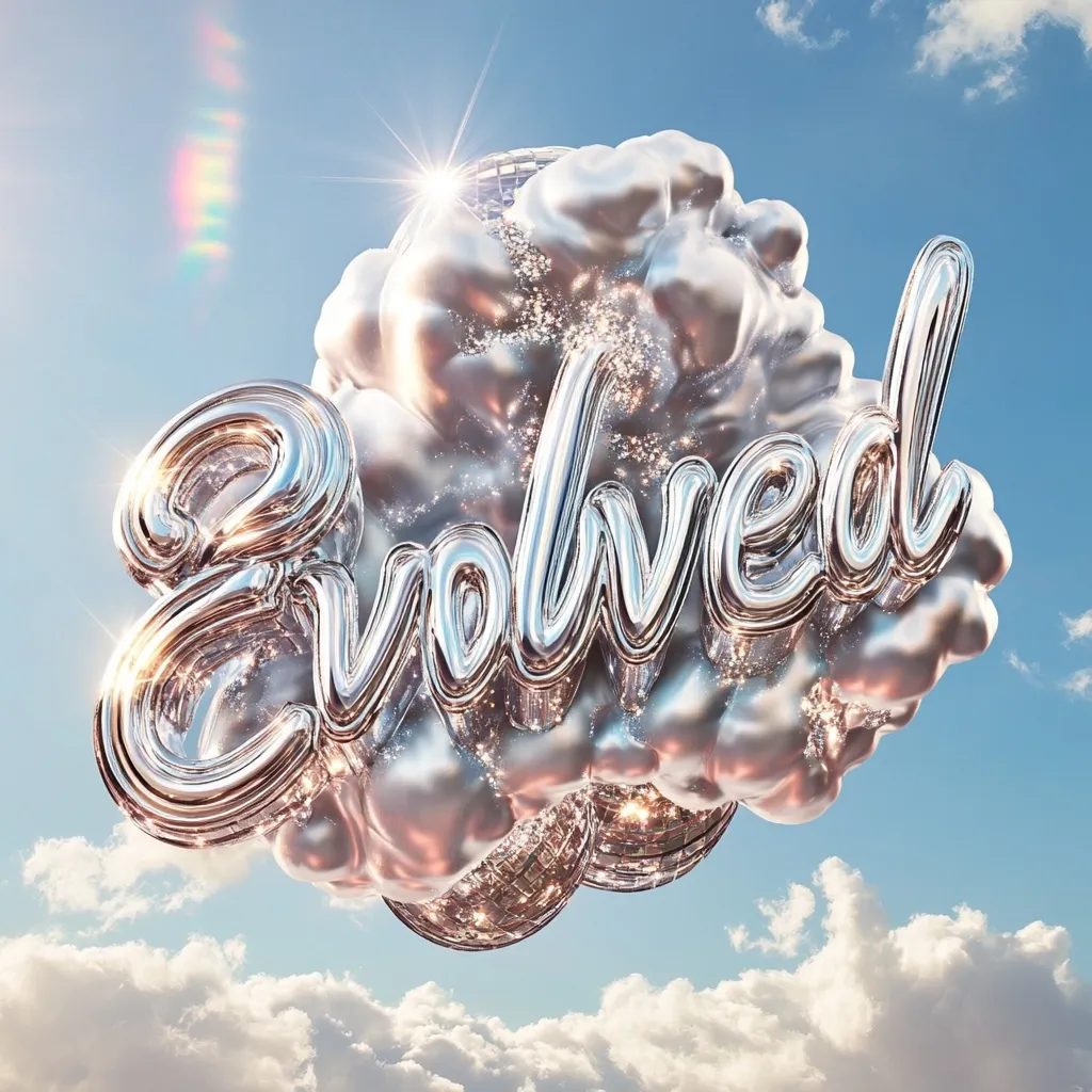 A 3D rendering showcases the word "Evolved" in shimmering, silver, balloon-like letters.  The letters are nestled within a stylized, cloudy, pearlescent mass, adorned with sparkling glitter and small disco ball elements. The entire scene is set against a bright, sunny sky filled with fluffy white clouds, creating a dreamy, ethereal atmosphere.