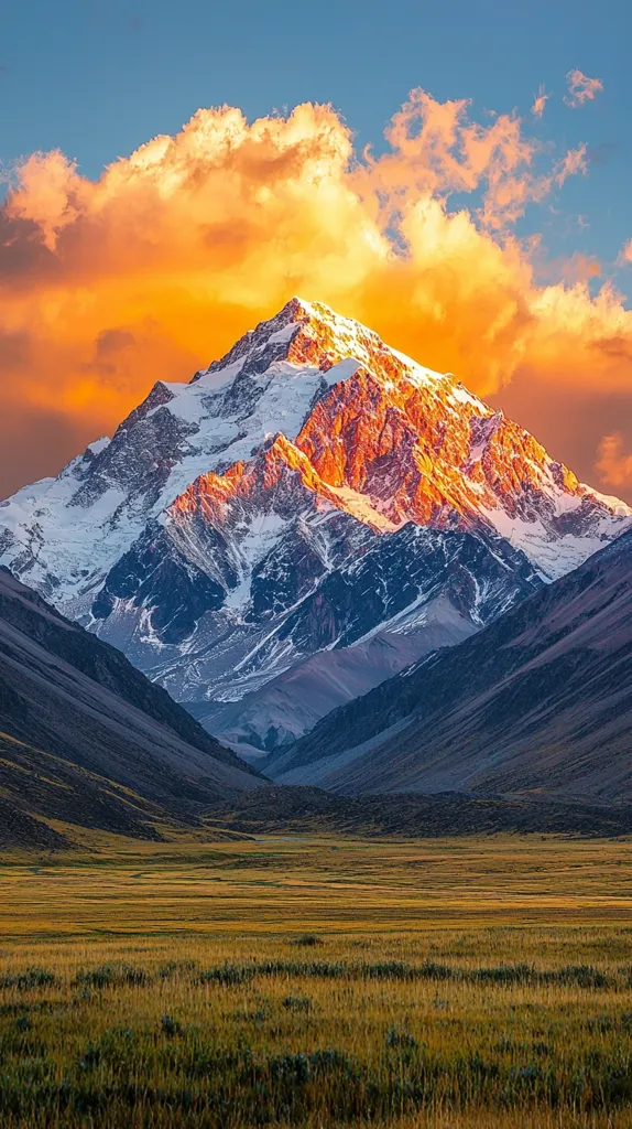 A majestic snow-capped mountain dominates the landscape, bathed in the warm hues of a setting sun.  A vibrant orange cloud formation dramatically frames the peak.  The foreground reveals a vast, golden meadow stretching towards the mountain's base, contrasting the dark, rugged slopes. The scene evokes a sense of awe-inspiring natural beauty and tranquility.