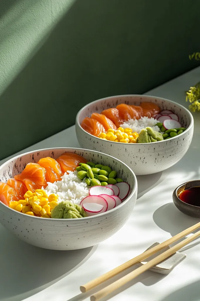 Two speckled gray bowls are filled with vibrant poke bowls.  Each bowl contains sushi-grade salmon, white rice, edamame, sweetcorn, thinly sliced radish, and wasabi. The bowls are artfully arranged, showcasing the colorful ingredients.  A pair of chopsticks and a small dish of soy sauce are on the table beside the bowls, suggesting a ready-to-eat meal.  The setting is bright and minimalist.