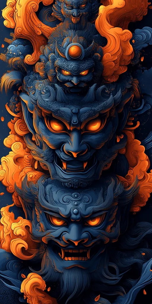 A striking digital artwork depicts a stacked arrangement of three oni masks, traditional Japanese demons.  The masks, rendered in deep blues and accented with fiery orange swirls resembling clouds or smoke, possess intense, glowing eyes.  Intricate detailing and a textured style give the piece a sense of depth and power, creating a visually arresting and slightly menacing image. The overall composition is vertical, emphasizing the verticality of the stacked masks.