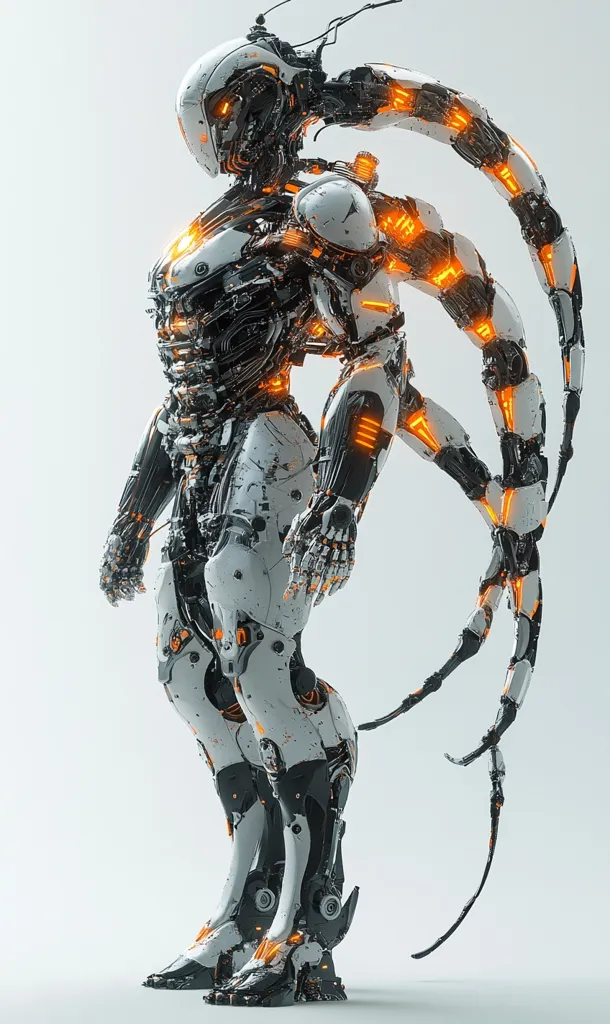 A sleek, humanoid robot stands against a white backdrop. Its predominantly white body is accented with black mechanical details and glowing orange energy lines.  The robot possesses intricate, articulated limbs, including long, slender appendages extending from its back, resembling a spider's legs. The design suggests advanced technology and a futuristic aesthetic.  The robot's pose is relaxed yet poised, showcasing its detailed construction.