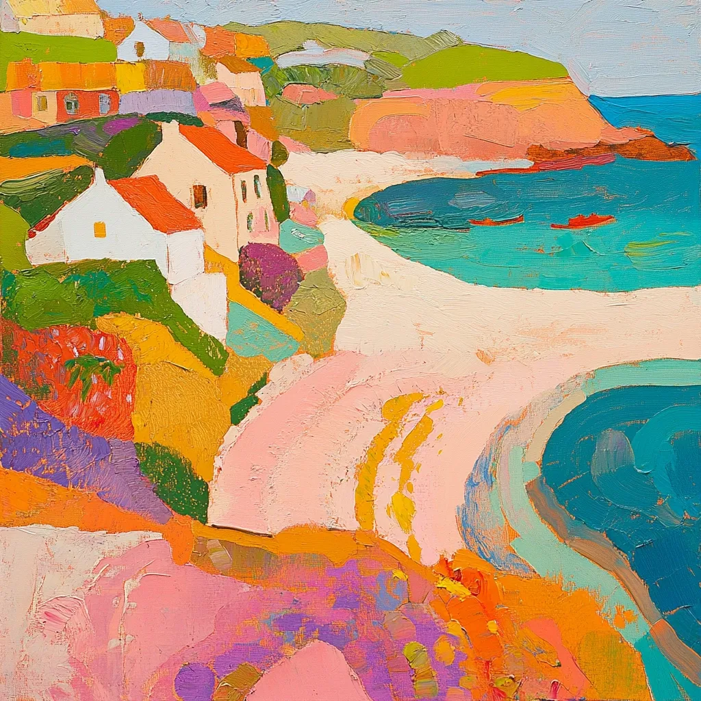 A vibrant, impressionistic painting depicts a coastal scene.  Whitewashed houses with red roofs cluster on a hillside overlooking a crescent-shaped beach and turquoise cove.  The artist uses bold strokes of pink, orange, yellow, and green to create a feeling of warmth and light. Small boats are visible in the calm water, adding a sense of tranquility to the idyllic setting. The overall style is expressive and loosely rendered, emphasizing color and texture over precise detail.