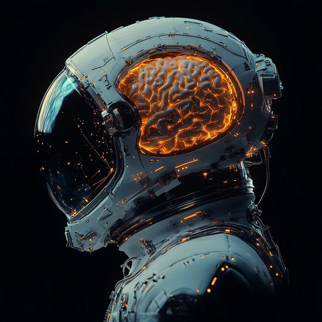 A 3D rendering depicts a futuristic astronaut's helmet.  The helmet's design is sleek and intricate, featuring glowing orange lines along its surface.  Most strikingly, a glowing, orange human brain is visible within the helmet, suggesting a connection between human consciousness and advanced technology or space exploration. The dark background accentuates the helmet's luminescence.
