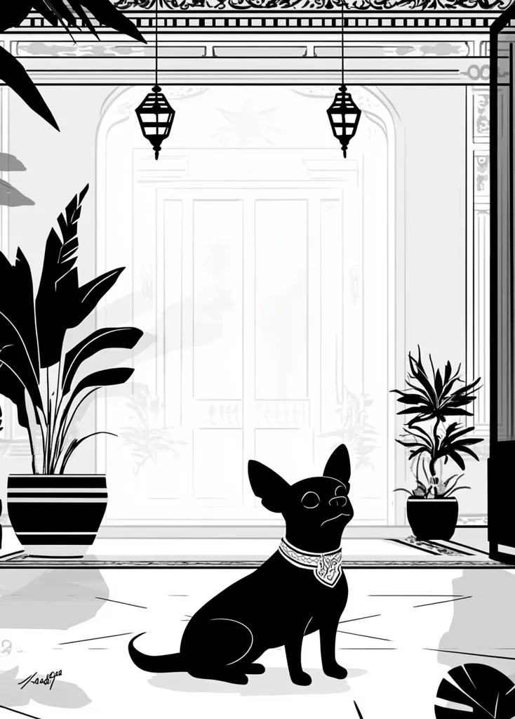 A black and white illustration depicts a chihuahua sitting on a marble floor in a grand, ornate entryway.  Two hanging lanterns illuminate the scene, flanked by potted plants. The dog, silhouetted, wears a decorative collar. The style is minimalist and elegant, emphasizing strong contrasts and clean lines.  The overall impression is one of sophisticated simplicity.