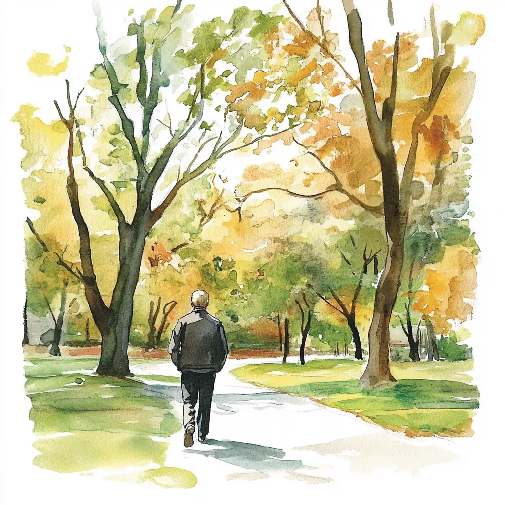 A watercolor painting depicts a man walking away down a path in an autumnal park.  The path winds through a grove of trees displaying varying shades of green and yellow leaves. Sunlight filters through the branches, casting shadows on the path.  The man is dressed in a dark jacket and trousers, his back to the viewer, creating a serene and contemplative mood. The overall style is loose and impressionistic.