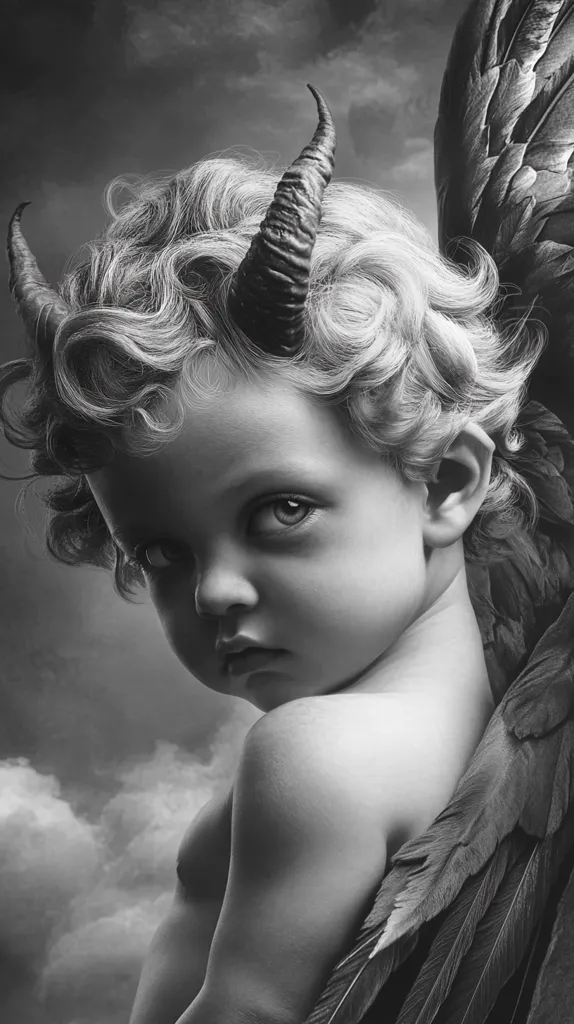 A black and white image depicts a cherubic toddler with curly hair, small horns, and large, dark feathered wings.  The child's expression is serious and somewhat melancholic, their gaze directed away from the viewer.  The background features a cloudy sky, contrasting the dark tones of the wings and horns with the lighter tones of the child's skin and hair. The overall aesthetic is dramatic and ethereal.