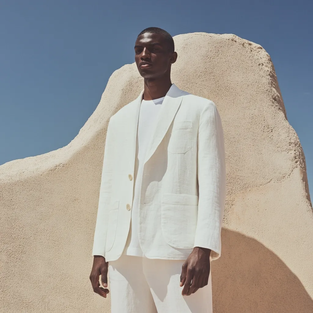 A dark-skinned man models a crisp, off-white linen suit against a textured, light beige rock formation under a bright blue sky.  The suit is a relaxed fit, featuring a two-button blazer and matching trousers.  The model wears a simple white t-shirt underneath.  The overall aesthetic is clean, minimalist, and evokes a sense of summer sophistication.