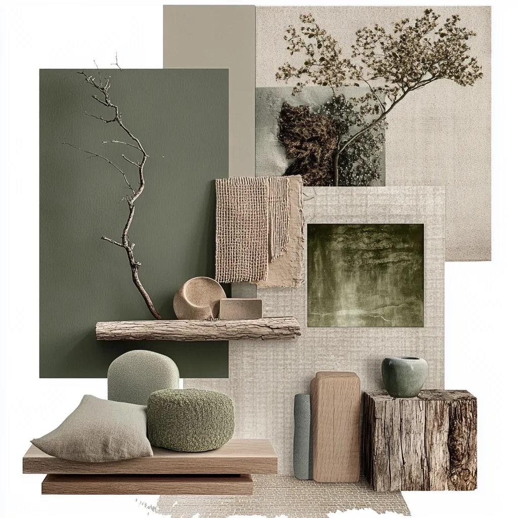 A mood board showcases a serene, earthy palette.  Muted greens and beige tones dominate, complemented by natural textures like wood, linen, and burlap.  A rustic wooden shelf displays minimalist objects, including a sculpted bowl and a dried branch.  Other elements include textured fabrics, a small painting, and rough-hewn wooden blocks, creating a calm and sophisticated atmosphere.  The overall style is organic and modern.