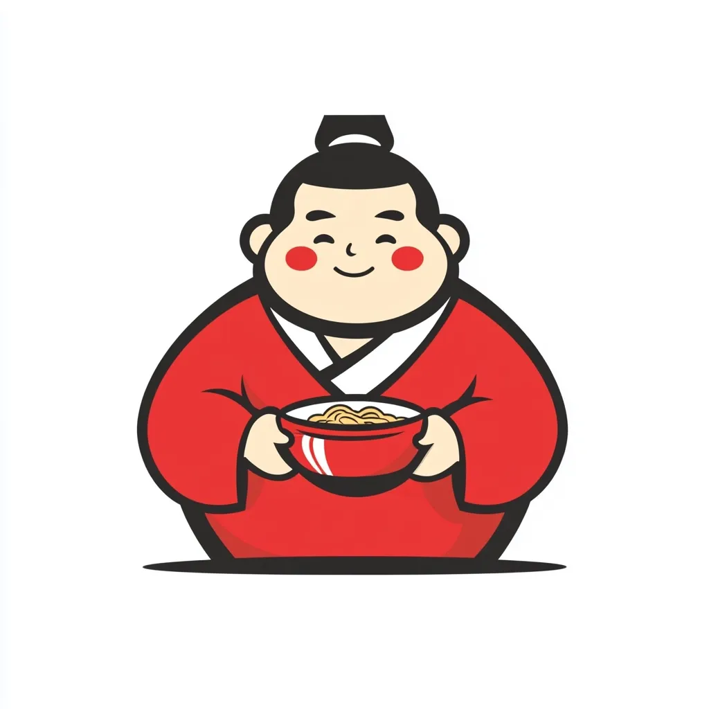 A cheerful, chubby cartoon character, resembling a sumo wrestler, is depicted wearing a red kimono.  He holds a bowl of noodles with a contented smile, rosy cheeks, and a topknot. The illustration is a stylized and friendly representation, possibly for a food brand or restaurant logo.