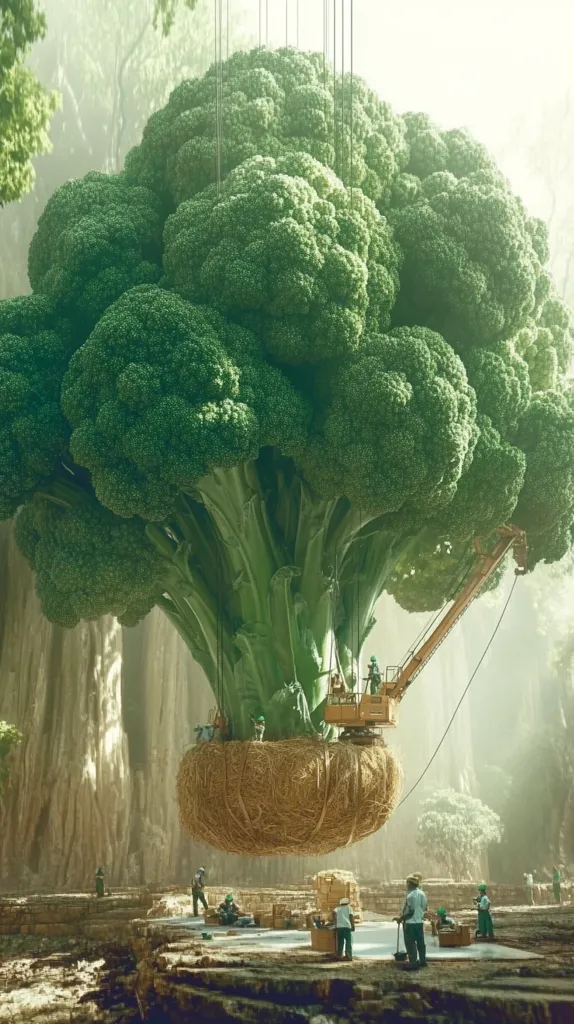A colossal broccoli, suspended by cables, dominates the scene.  Workers, dwarfed by its scale, use a crane to carefully lower the massive vegetable's root ball onto the ground. The setting appears to be a clearing within a mystical forest, with tall, slender trees surrounding the area.  The scene is surreal, suggesting a fantastical harvest of extraordinary proportions.