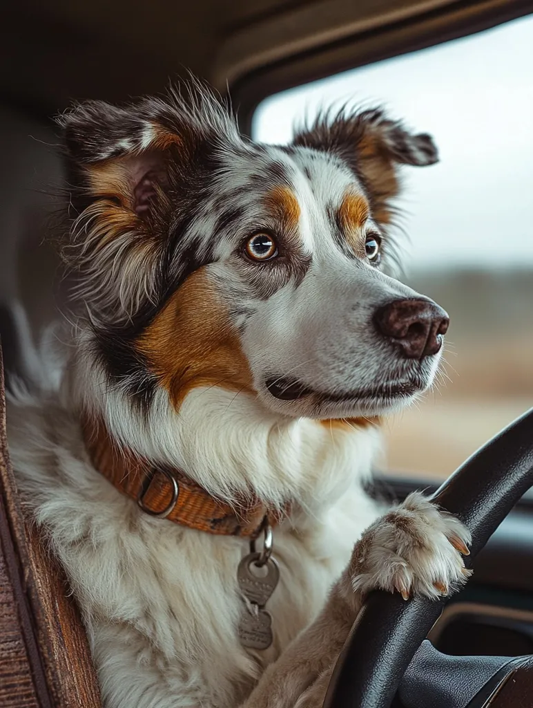 A tri-colored Australian Shepherd sits in the driver's seat of a vehicle, its paws resting on the steering wheel.  The dog, wearing a tan collar with an ID tag, gazes out the window with a serious expression.  The setting appears to be a car journey, with a blurred background visible through the window. The dog's fur is thick and fluffy, showcasing its distinctive markings.