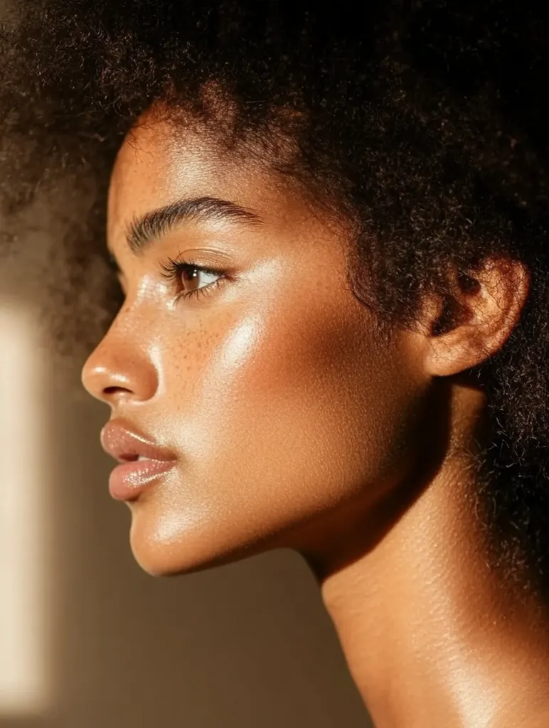 A close-up profile view of a young woman with a large afro.  Her skin is rich brown, glowing with a subtle highlight.  Freckles are delicately scattered across her cheeks and nose.  Her expression is serene and her lips are full and softly colored. The lighting emphasizes her facial features and the texture of her skin.