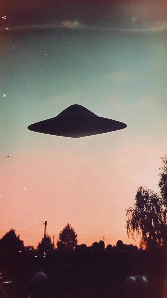 A classic image of a UFO sighting. A dark, disc-shaped object hovers silently in a pastel sunset sky above a silhouetted landscape of trees and a distant crowd of people. The scene evokes a sense of mystery and wonder, reminiscent of vintage science fiction imagery.  Dust and scratches on the image add to the retro feel.