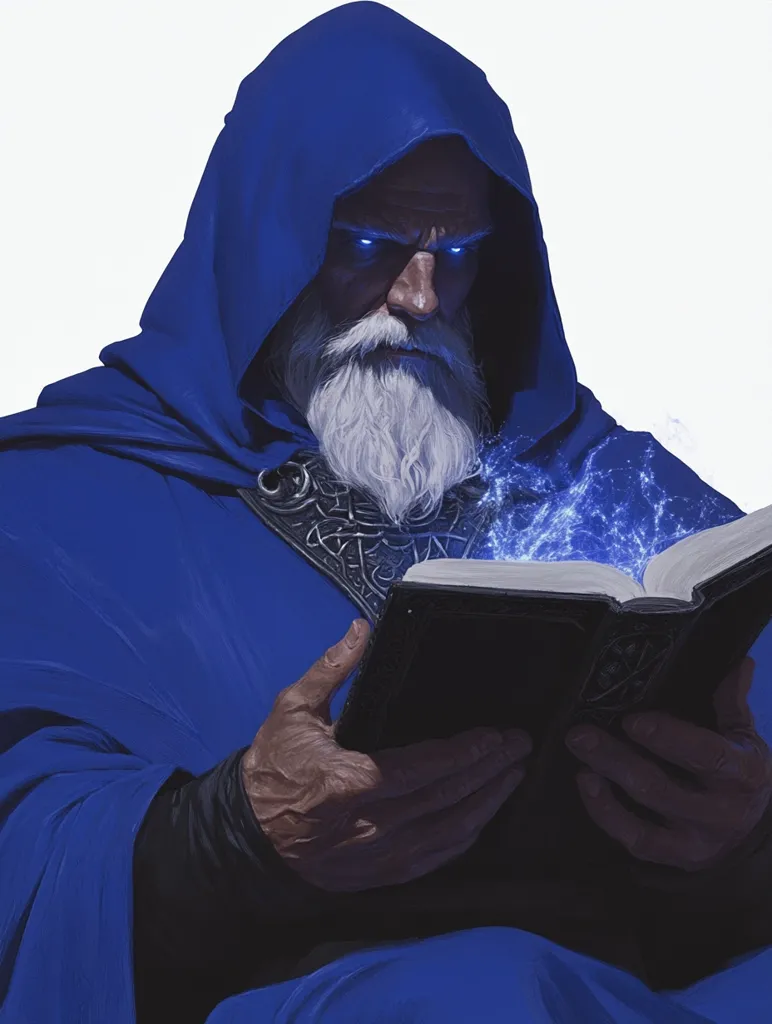 A powerful, elderly wizard with a long white beard is depicted wearing a deep blue hooded robe. His eyes glow with an ethereal blue light as he studies an ancient, ornately bound book emitting faint blue energy.  The image suggests immense magical power and wisdom, with the wizard appearing both serene and formidable.  The color palette is dark and moody, highlighting the mystical atmosphere.