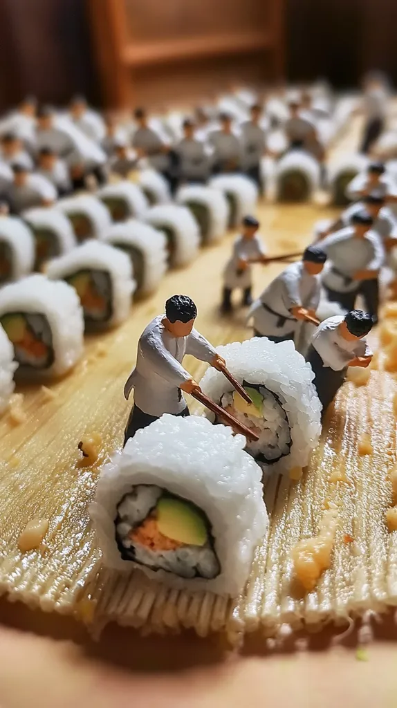 Tiny figurines of sushi chefs meticulously craft California rolls.  Rows of perfectly formed sushi pieces stretch into the background, showcasing a miniature scene of mass sushi production. The detail on both the figurines and the sushi is impressive, creating a charming and whimsical image.  The warm lighting enhances the overall visual appeal.