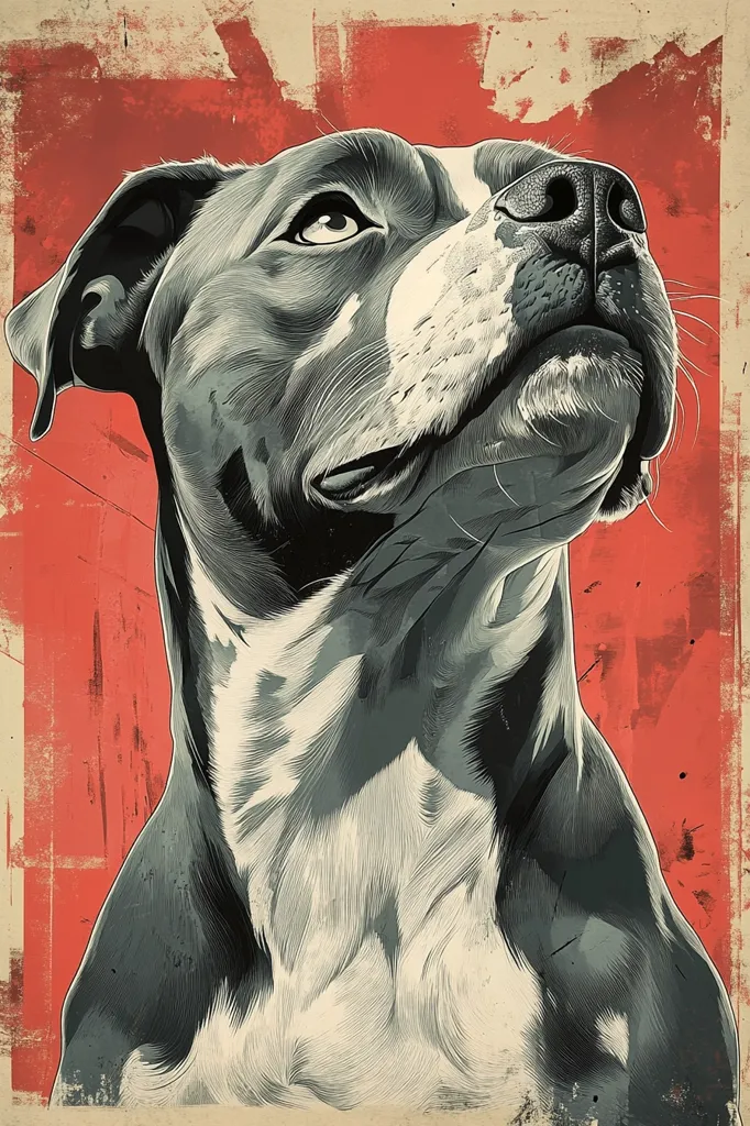 A striking illustration showcases a pit bull terrier, rendered in grayscale against a vibrant red backdrop. The dog's head is tilted upwards, its gaze directed towards the viewer, conveying a sense of alertness and loyalty.  The artist's meticulous detail is evident in the textured fur and expressive eyes, creating a powerful and captivating portrait. The red background, with its distressed, paint-like texture, enhances the overall artistic effect.