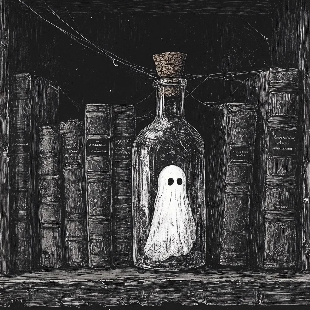 A monochrome illustration depicts a glass bottle with a cork stopper, containing a ghost, nestled amongst aged, antique books on a dark shelf.  The scene is dimly lit, with cobwebs subtly visible in the background, enhancing the eerie, gothic atmosphere.  The detail in the books and the textured bottle suggests a haunted library or study.