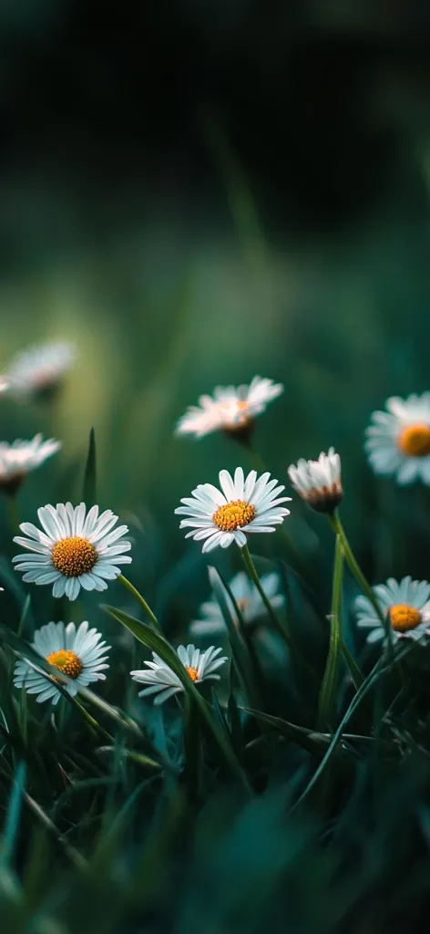 Several white daisies with yellow centers are nestled amongst vibrant green grass.  The focus is sharp on a few daisies in the foreground, while others softly blur into the background, creating a depth of field. The dark green tones of the foliage provide a striking contrast to the bright white of the flowers, emphasizing their delicate beauty.  The overall mood is serene and natural.