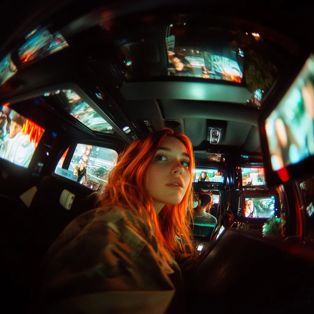 A young woman with vibrant red hair sits in a vehicle fitted with numerous small screens playing various videos. The fisheye lens creates a distorted perspective, emphasizing the close proximity of the screens to the viewer.  The interior is dark, with the screens providing the main source of light, casting a warm glow on the woman's face. The overall atmosphere is stylish and slightly surreal.
