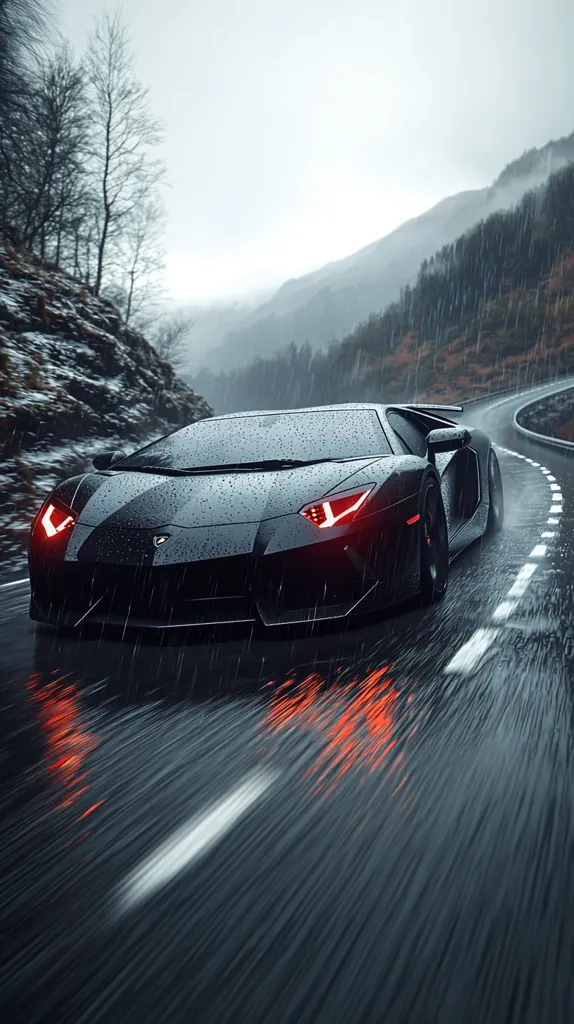 A sleek, black Lamborghini Aventador speeds down a rain-soaked mountain road.  The car's headlights cut through the downpour, creating streaks of light on the wet asphalt.  The backdrop features a dramatic, misty landscape of dark hills and sparse trees under a gray sky. The overall mood is one of intense speed and moody atmosphere.