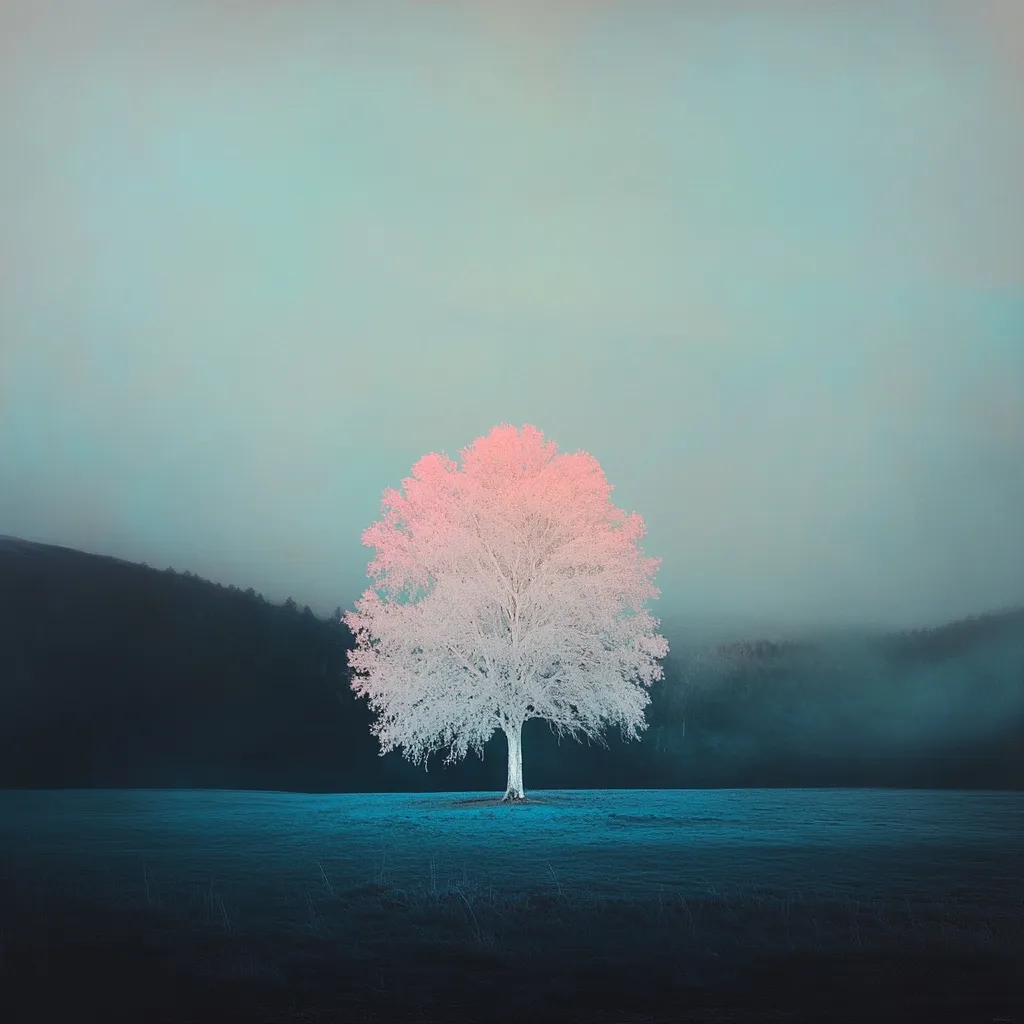 A solitary tree, rendered in shades of white and pale pink, stands in a field.  The background is a muted teal, with dark silhouettes of distant hills shrouded in mist. The image has a surreal, dreamlike quality, possibly achieved through infrared photography or digital manipulation. The overall mood is serene and slightly melancholic.