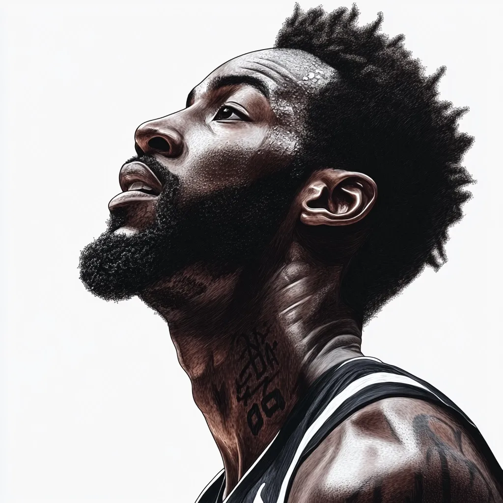A stylized portrait of a basketball player, possibly Paul George,  is depicted. His head is tilted back, showcasing a determined expression.  He has a thick, dark beard and a high, textured hairstyle.  A tattoo is visible on his neck. The image uses shading and texture to create a striking, almost sketched effect. The background is plain white, emphasizing the subject.