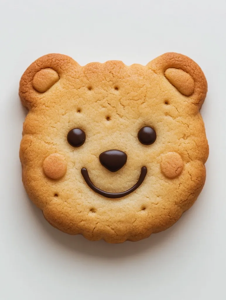 A single, round cookie shaped like a teddy bear's face sits on a white background.  The cookie is light brown, with chocolate icing details forming a smiling face, including eyes, nose, and mouth.  Small, round, light orange decorations accentuate the cheeks. The cookie has slightly irregular edges, giving it a homemade appearance.