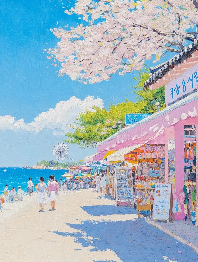 A vibrant painting depicts a sunny seaside town. Pink buildings with awnings line a sandy path, filled with shoppers browsing souvenirs.  A cherry blossom tree provides shade overhead, while in the background, a Ferris wheel and ocean complete the idyllic scene.  People stroll along the walkway, enjoying the beautiful day. The style is impressionistic, with visible brushstrokes and bright colors.
