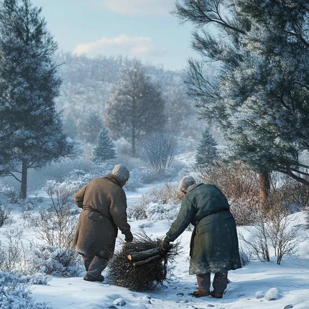 Two elderly individuals, bundled in winter coats, gather firewood in a snow-covered woodland.  The scene is peaceful, with a soft light illuminating the snowy landscape.  The pair trudges through the quiet winter setting, carrying a sizable bundle of branches.  Tall pines and frosted shrubs frame the path, creating a serene and wintry atmosphere.