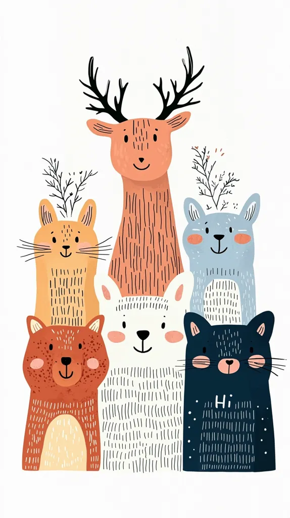 A charming illustration features a group of adorable animals.  A friendly deer stands tall in the center, flanked by a cat, a bear, a polar bear, and another cat.  Each animal is stylized with simple lines and soft colors, creating a sweet and whimsical scene.  Small sprigs of greenery add a touch of nature to the heartwarming animal gathering.