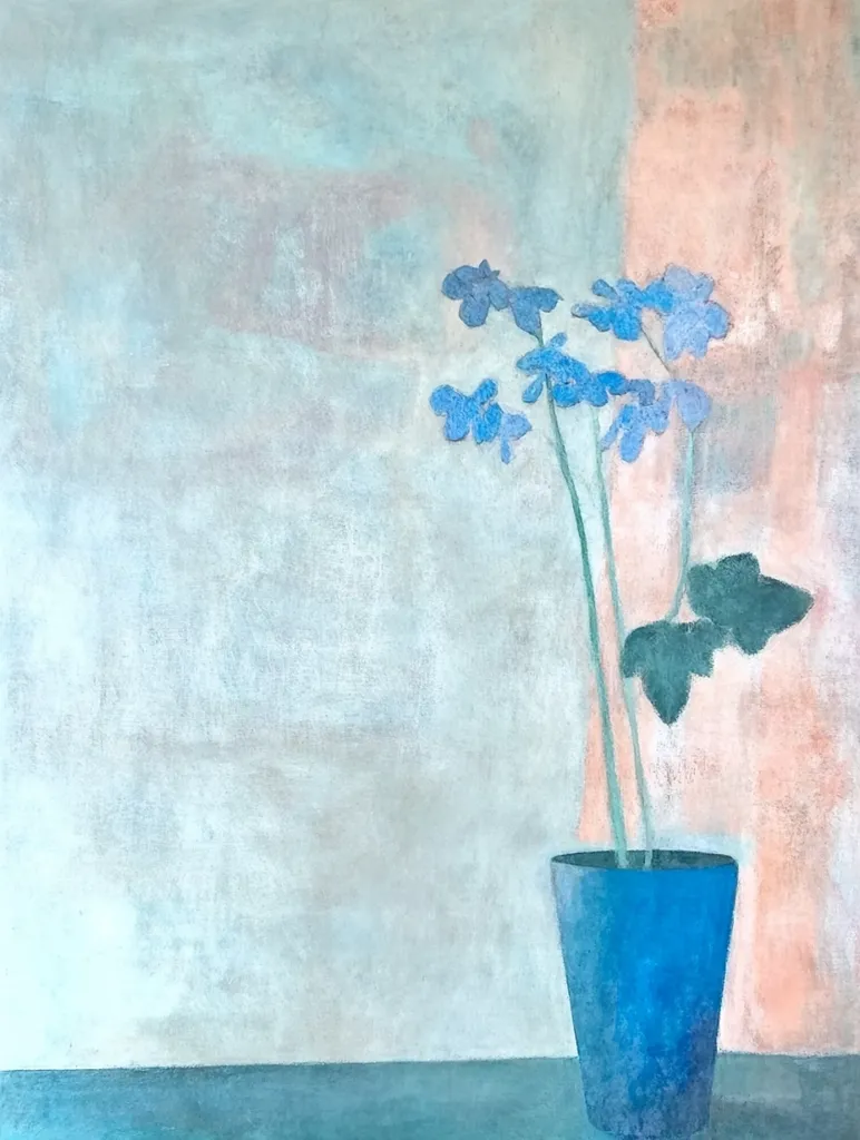 A minimalist painting depicts a small blue pot holding light blue flowers against a soft, textured background.  The background blends pale blues, greens, and a touch of peach, creating a serene and understated atmosphere. The flowers are simply rendered, focusing on their form and color rather than intricate detail.  The overall style is peaceful and evocative.
