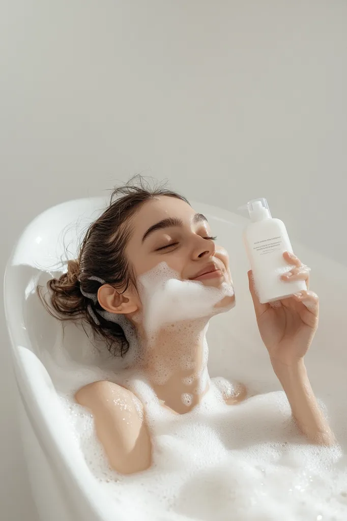 A young woman relaxes in a bubble bath, eyes closed, enjoying a moment of serenity.  She holds a white bottle of bath product, the foam covering her face and shoulders. The scene is minimalist and calming, bathed in soft, natural light.  The overall aesthetic is clean and luxurious.