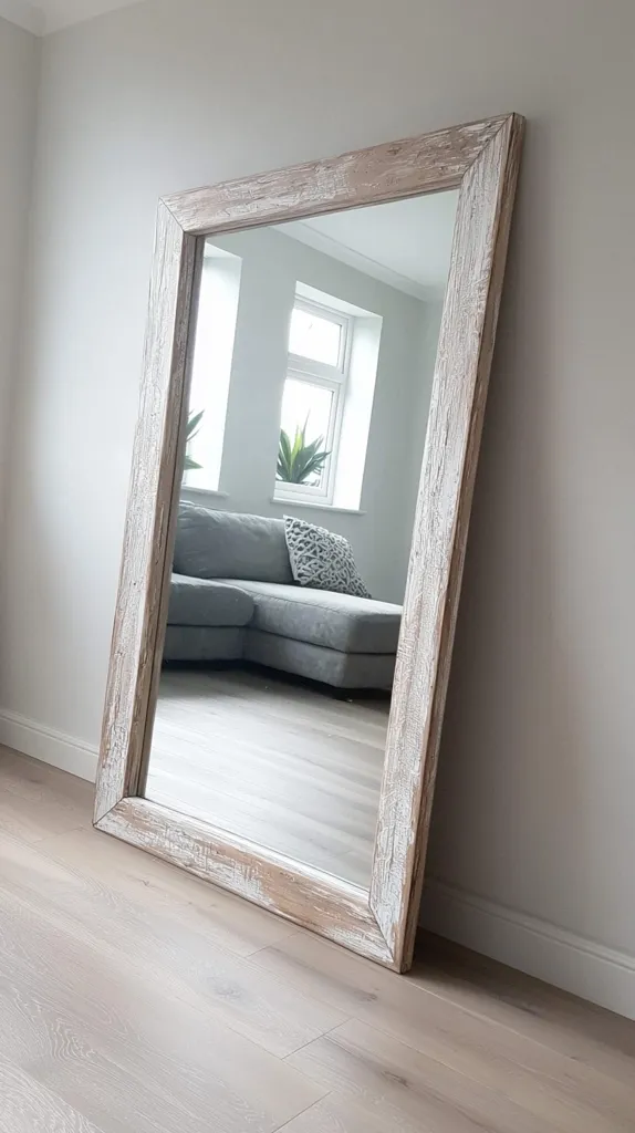 A large, full-length mirror with a rustic, light-colored wooden frame stands against a light gray wall. The frame shows a distressed, whitewashed finish, adding to its shabby-chic appeal. The mirror reflects a living room with a gray sofa and a plant in a pot, visible through a window. The mirror rests on a light-colored wood floor.  The overall style is modern farmhouse.