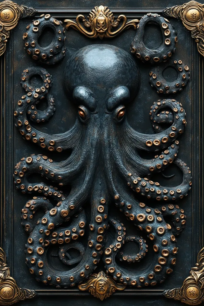 A dark, ornate frame encloses a meticulously detailed sculpture of an octopus.  The octopus is rendered in deep blue-grey, with its suckers highlighted in gold.  The frame itself is dark, almost black, with gilded accents and a central cartouche. The overall effect is one of luxurious, gothic-inspired artistry. The piece is strikingly realistic in its portrayal of the sea creature.