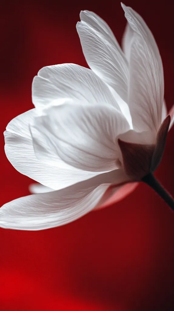 A close-up shot reveals a single, delicate white flower against a vibrant red backdrop. The flower's petals are thin and translucent, exhibiting intricate veins.  The contrast between the pure white of the blossom and the deep red background creates a striking visual impact. The image focuses on the flower's texture and form, highlighting its delicate beauty.
